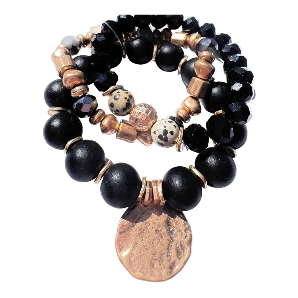 108. Women’s Black & Gold Medallion 3-Strand Stretchy Bracelet Set NWT